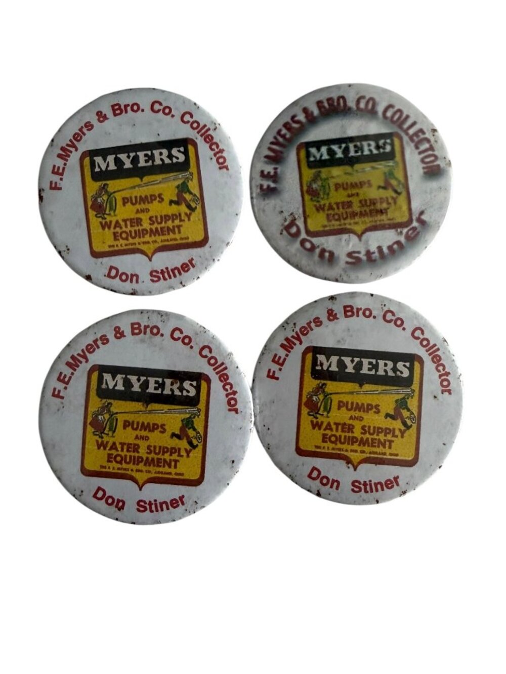 Vintage F.E. Myers & Bro Co Collector Don Stiner Pinback Buttons Set of 4